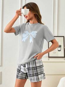 SHEIN Bow Print Detailed 2 Pieces Round Neck Short Sleeve With Shorts Casual Relaxed Black And White Color Pajama Set - Grey - View 3