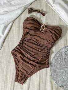 Swim Chiccia 一件式纯色面料金属装饰设计，优雅性感女士连体泳衣 - 棕色 - 查看 3