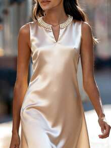 Franclia Women's Spring And Summer Round-Neck Open-Neck Pearl-Embellished Blouse Loose A-Line Short Dress, Spring And Summer Dress, Fashionable And Casual Elegant Dress, Pearl Collar Dress, Fashionable And Elegant Dress, Outwear Clothing - Apricot - View 6