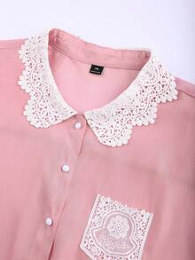 Franclia 大码女式镂空刺绣蕾丝领优雅复古甜美上衣，蕾丝钩编口袋衬衫，春季休闲百搭衬衫，适合日常、约会、度假穿着，粉色可爱衬衫，粉色上衣，卡哇伊蕾丝衬衫，可爱上衣，可爱衬衫，夏季女装，女式上衣，女式上衣和衬衫，漂亮衬衫 - 粉色 - 查看 3