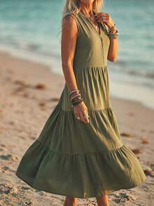 Linavere Women's Fashion Casual Sleeveless V-Neck Dress - Faux Button Design - Elegant For Commute - Suitable For Daily Wear And Travel/Vacation, Spring/Summer - Army Green - View 6