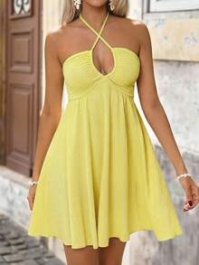 Brillora Solid Color Knit Halter Neck Ruffle Hem Mini Dress For Women,Summer Dress,Vacation Dress - Yellow - View 3