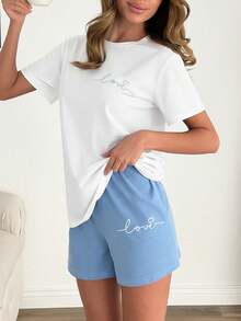 SHEIN Women Cotton 2 Pcs Contrasy Colour Love Lettered Detail Top&Shorts Homewear Pajama Set - White - View 4