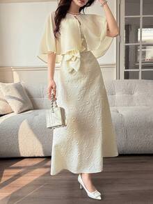 Feyla Bộ đồ 2 món thanh lịch dành cho nữ, gồm váy và áo kiểu jacquard họa tiết hoa 3D, thích hợp cho mùa hè. - Màu be - Xem 1