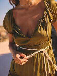 Aralina Ruffle Frill Off Shoulder Jumpsuit Rope Belt Puff Sleeve Summer Spring Swim Vacation Beach Cover Up Mini Sexy Green - Army Green - View 4