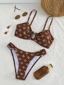 Swim Chiccia Casual Fabric Women's Bikini Set Featuring Print, V Wired Top, Spaghetti Straps, And High Cut Bottom - Multicolor - View 8