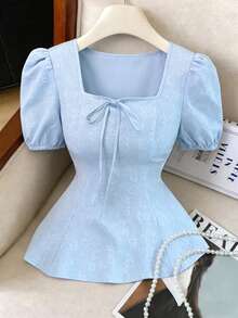 Elenzga 全新女式时尚百搭法式蝴蝶结高端泡泡袖独特优雅提花面料衬衫 - 淺藍色 - 查看 8