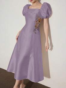 Modelyn Women's Elegant Party Floral Embroidered Mid-Length Dress - Purple - View 8