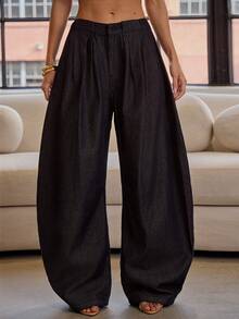 Hauture Women's High Waist Barrel Leg Pleated Trouser Pant,Dark Blue Summer Chic Everyday Old Money Dark Wash Denim Jeans,Wide Leg Statement Business Casual - Dark Wash - View 2