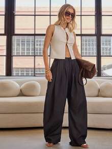 Hauture Women's High Waist Barrel Leg Pleated Trouser Pant,Dark Blue Summer Chic Everyday Old Money Dark Wash Denim Jeans,Wide Leg Statement Business Casual - Dark Wash - View 1