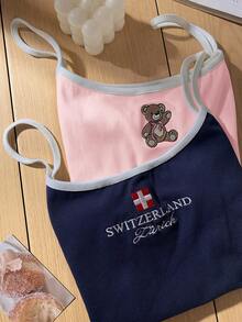 CovetEZ 2pcs/Set, 93% Cotton, Pink & Blue Embroidered Camisole Tops, Fashion Versatile, Suitable For Summer, Beach, Hawaiian Style, Cute Summer Blouse - Multicolor - View 4