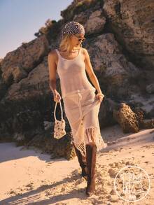 Aralina Two Pieces Fringe Crochet Vacation Festival Stripe Texture Summer Spring Beach Cover Up Tank And Midi Skirt - Apricot - View 7