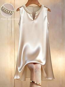 Franclia Women's Spring And Summer Round-Neck Open-Neck Pearl-Embellished Blouse Loose A-Line Short Dress, Spring And Summer Dress, Fashionable And Casual Elegant Dress, Pearl Collar Dress, Fashionable And Elegant Dress, Outwear Clothing - Apricot - View 1