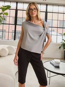Hauture Women's Solid Color Asymmetric Neck Twist Knot Short Sleeve Casual/Work T-Shirt, Spring/Summer - Grey - View 5