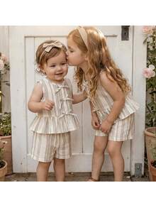 Loomiva Baby Girl Striped Pattern Round Neck Sleeveless Vest And Elastic Waist Shorts 2-Piece Set - White - View 1