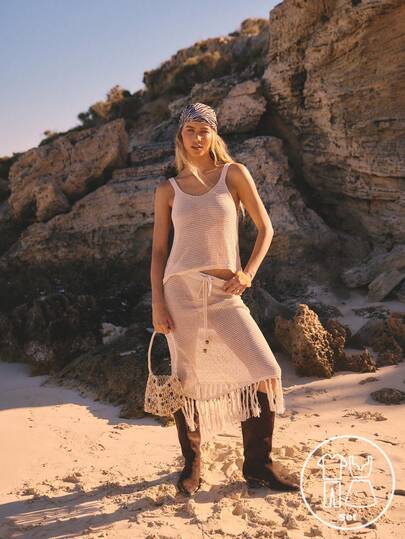 Aralina Two Pieces Fringe Crochet Vacation Festival Stripe Texture Summer Spring Beach Cover Up Tank And Midi Skirt