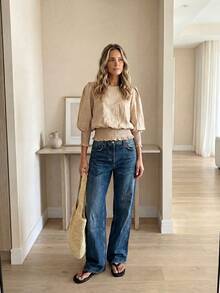 Easowa Round Neck Petal Sleeve Lantern Sleeve Ruffle Hem Cinched Shirt, Linen-Like Texture Casual Relaxed Elegant Commuter Vacation Blouse For Women, Spring/Summer - Apricot - View 5