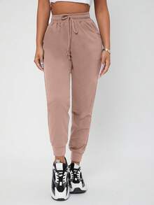 SHEIN PETITE Solid Drawstring Waist Sweatpants - Lilac Purple - View 4