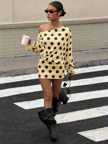 Muchica Đầm ôm sát dài tay in chấm bi mới dành cho nữ, kiểu vai bất đối xứng. - Màu vàng - Xem 5