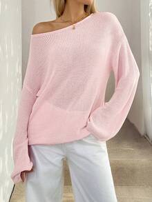 Easowa Asymmetric Shoulder Sheer Knit Sweater, Casual Loose Elegant Commute Vacation Style, Light Pink, Spring/Summer For Women Pink Sweater Pink Off Shoulder Top Knit Tops Sweater Top Off Shoulder Sweater - Baby Pink - View 2