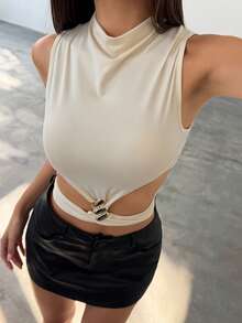 Bluhae Women's Solid Color Waist Cutout Metal Decor Fashion Camisole - Khaki - View 1