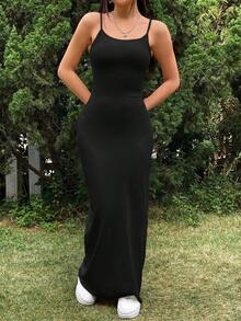 SHEIN EZwear 女士黑色吊带连衣裙，女士夏季连衣裙，下午茶连衣裙，黑色毕业礼服 - 黑色 - 查看 5