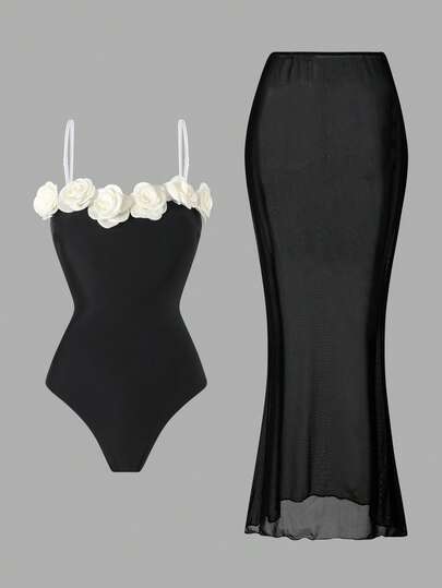 Swim Oasis Women's One-Piece Swimsuit With Long Skirt, 2pcs Set, Casual Elegant Floral Decor, Suitable For Beach, Pool, Party, Spring/Summer