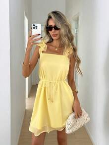 Easowa Casual Loose Elegant Commuter Vacation Ruffled Shoulder Strap Cinched Waist Bow A-Line Hem Dress, Spring/Summer For Women - Light Yellow - View 3