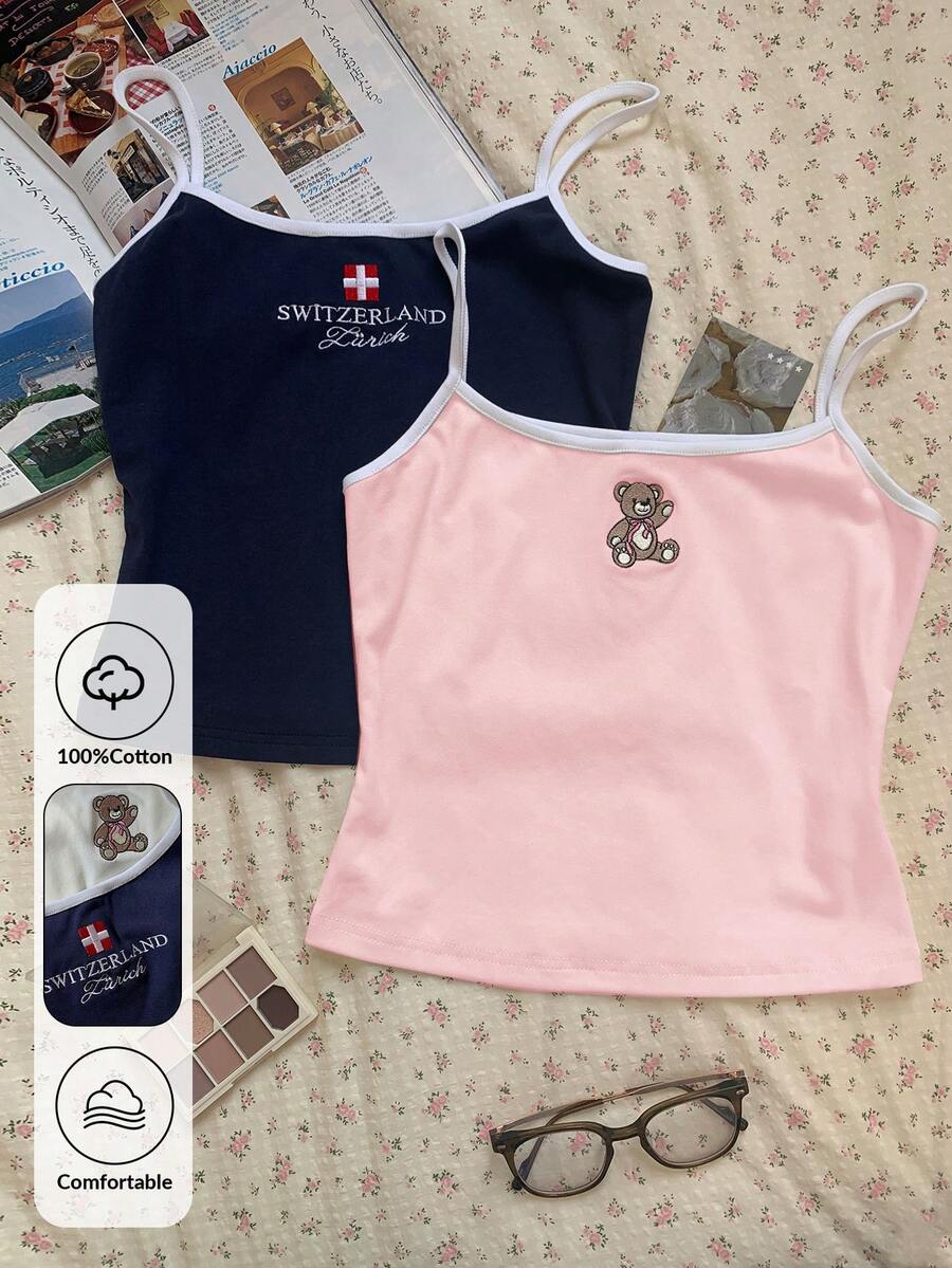 CovetEZ 2pcs/Set, 93% Cotton, Pink & Blue Embroidered Camisole Tops, Fashion Versatile, Suitable For Summer, Beach, Hawaiian Style, Cute Summer Blouse - Multicolor - View 1