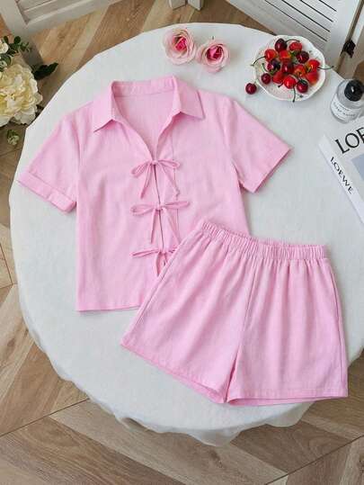 Conjunto de Camisa Corta con Lazos de Moño y Shorts de Cintura Elástica