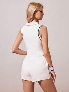 CourtClass Women's Striped Polo Collar Vest And Shorts Tennis Outfit - Black and White - View 2