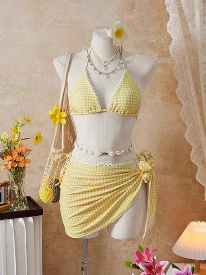 Bellisia 女士三件套花卉饰边格子比基尼套装，甜美淑女风格，适合度假、派对、海滩度假