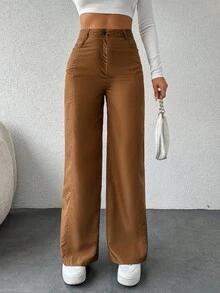SHEIN Cottnline Solid Color Women's Straight Pants - Camel - View 5