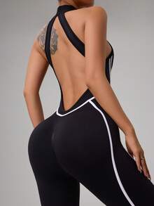 Dewbera 撞色滚边露背修身连体裤 - 黑色 - 查看 3