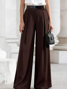 EMERY ROSE 女士春夏纯色腰带扣装饰直筒阔腿裤，腰部松紧带阔腿长裤，时尚休闲通勤裤，户外服装，女士夏季服装，夏季长裤，户外长裤，纯色长裤 - 棕色 - 查看 4