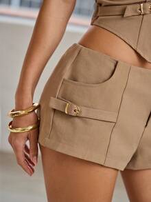 Hauture Low Stretch Twill Low Rise Buckle Micro Shorts, Short Outfits For Women, Outfit, Brown Low Waist Shorts, Summer Vibes - Khaki - View 2