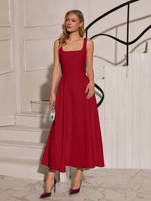 EURMUSE Elegant Sleeveless Dress, Solid Color - Red - View 3