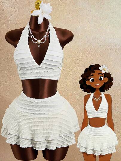 Zestiva 女士纹理花卉饰边挂脖比基尼三件套泳衣，性感甜美，适合海滩派对和度假