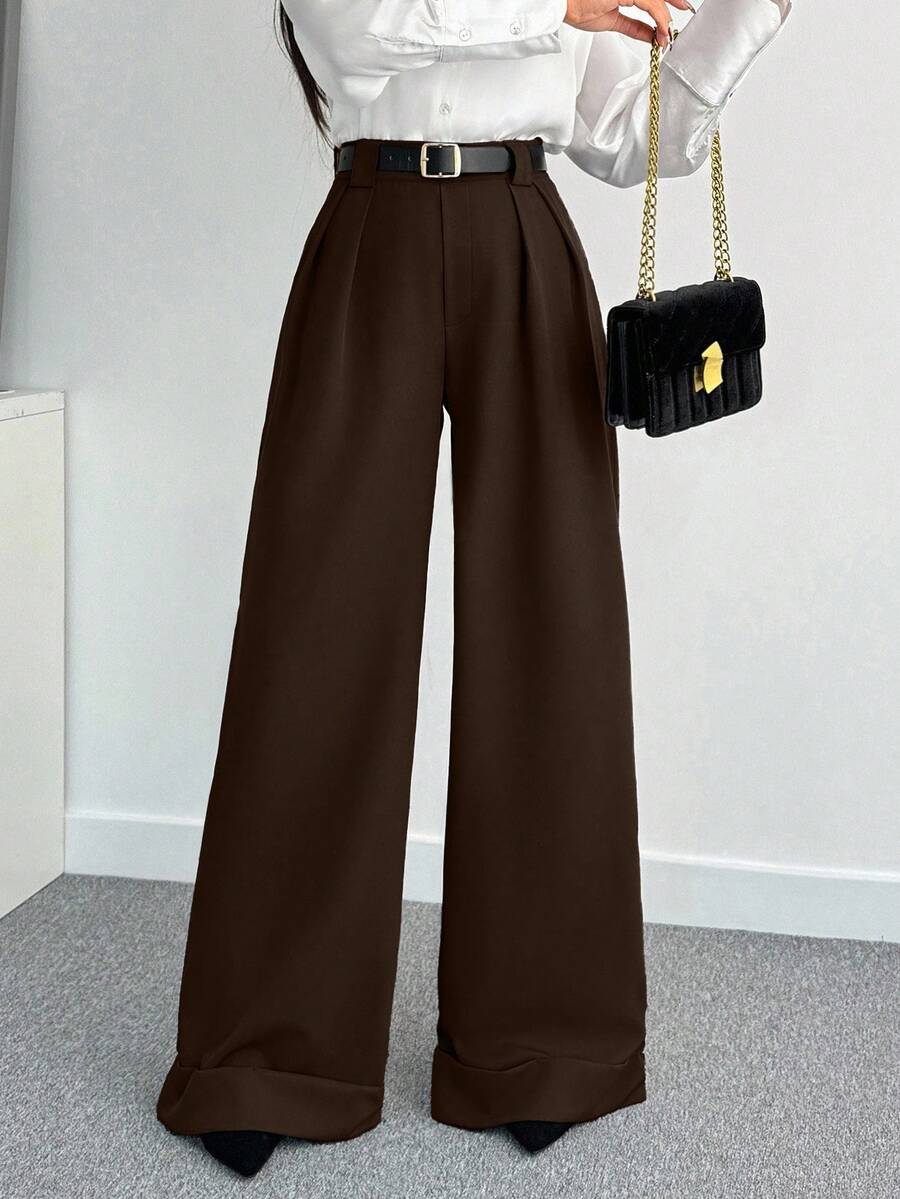 SHEIN Tall 女款純色高腰寬腿長褲,適合高個女性 - 棕色 - 查看 1