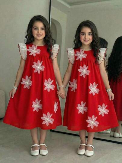 SHEIN Vestido informal de punto con volantes y estampado floral de color contrastante para niña preadolescente