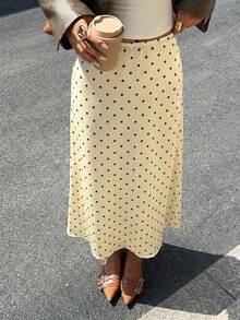 MainGRL Satin Cream Yellow Polka Dot Mermaid Hem Elegant Maxi Dress, Suitable For Women, New Year, Party Wear Polka Dot Skirt Yellow Skirt - Yellow - View 3