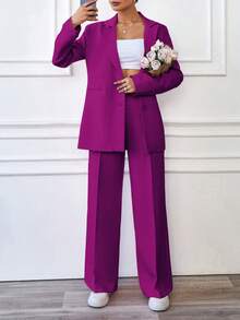 EURMUSE Women's Solid Color Notched Collar Single-Breasted Long Sleeve Jacket And Wide-Leg Pants Casual Office Suit Set - Hot Pink - View 1