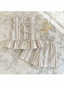 Loomiva Baby Girl Striped Pattern Round Neck Sleeveless Vest And Elastic Waist Shorts 2-Piece Set - White - View 9