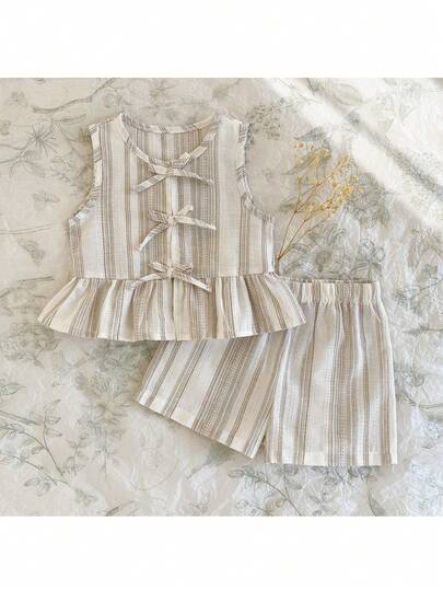 Loomiva Baby Girl Striped Pattern Round Neck Sleeveless Vest And Elastic Waist Shorts 2-Piece Set