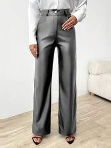 EURMUSE Quần giả da dáng rộng, cạp cao, khóa kéo, kiểu dáng thanh lịch - Xám - Xem 5