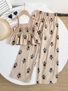 SHEIN Tween Girl Floral Print Ruffle Hem Camisole And Pants Casual Outfit - Khaki - View 3