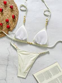 Swim Vcay Solid Color Fabric, Metal Beaded Decor, Elegant Resort Women Swimwear Set - Apricot - View 2