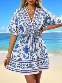 Swim Vcay Women's Summer Beach Bohemian Vacation Placement Print V-Neck Batwing Sleeve Elastic Waist Bow Decor Waist Belt Vacation Chiffon Dress,Elegant Dresses, Easter Dresses, Casual Dresses, Vacation Dresses, Country-Style Dresses, Holiday Dresses, Blue Dresses, Summer Beachwear,Women's Floral Dress, Spring Summer Picks, Clothes For Ladies - Blue - View 3