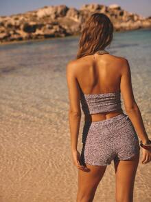 Aralina 春夏两件套无肩带纹理修身剪裁现代时尚弹力面料女士夏季服装度假装女士夜店装女士性感度假连衣裙春季套装女士两件套女士抹胸超短灯笼裤两件套 - 紫色 - 查看 2