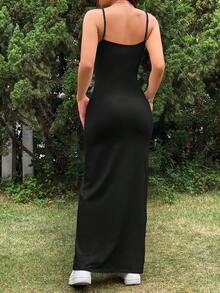 SHEIN EZwear 女士黑色吊带连衣裙，女士夏季连衣裙，下午茶连衣裙，黑色毕业礼服 - 黑色 - 查看 2